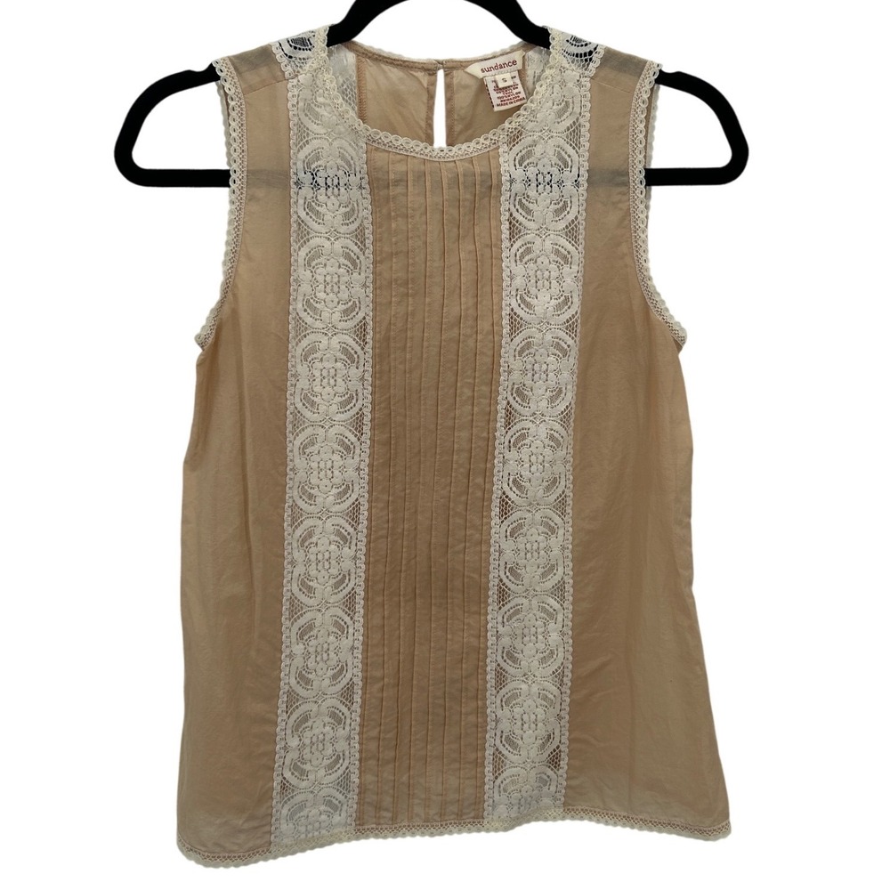 Sundance Womens Tan Cotton Silk Lace Trim Pintuck Sleeveless Blouse Tank‎ Small